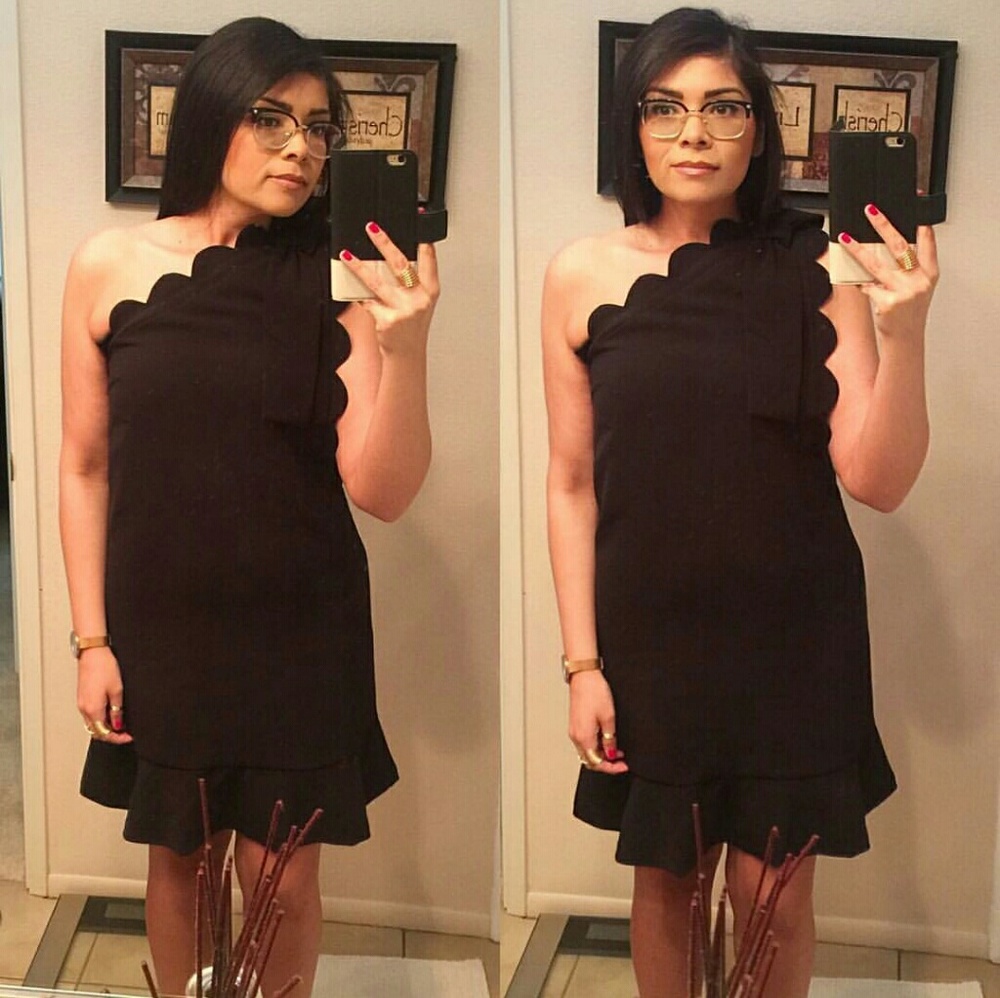 Black 1 Shoulder Dress Scallop Ruffle Bow - Picture 2 of 8