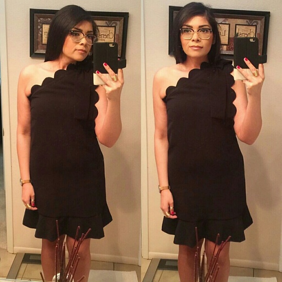 Black 1 Shoulder Dress Scallop Ruffle Bow - Picture 2 of 8
