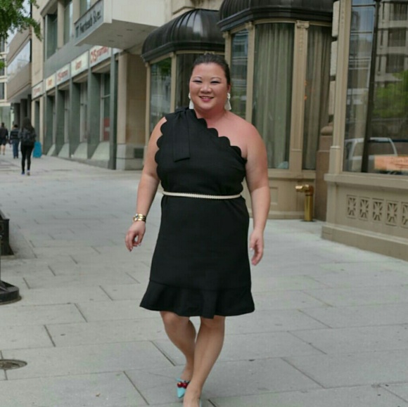 Black 1 Shoulder Dress Scallop Ruffle Bow - Picture 4 of 8