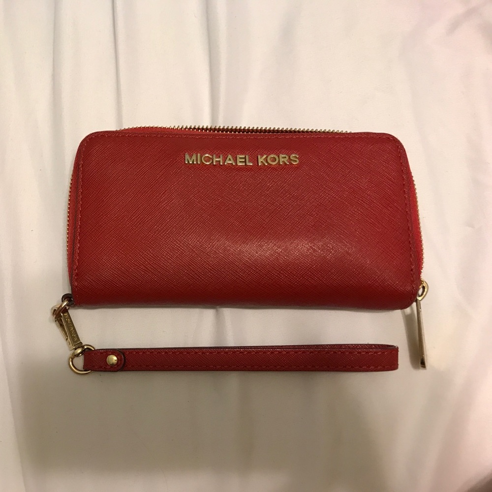 Micheal Kors leather wristlet phone wallet - red