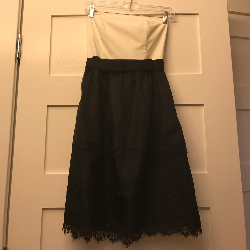 Strapless black and white dress, eyelash lace trim