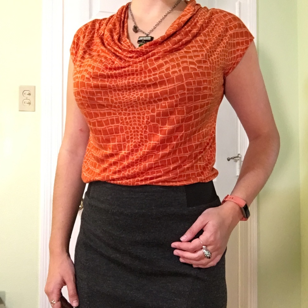 Micheal Kors Orange Alligator Cowl Neck Top