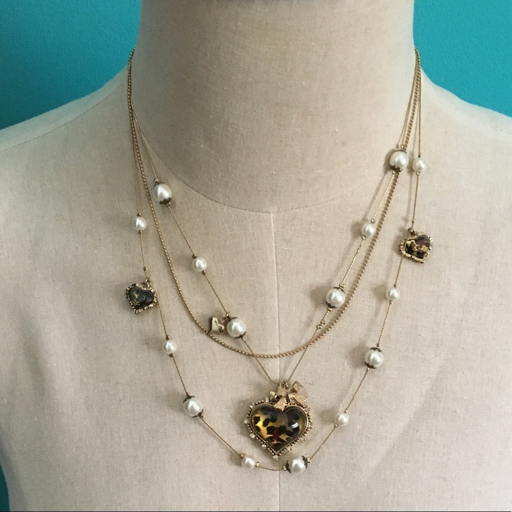 Betsey Johnson Heart and Pearl Layered Necklace