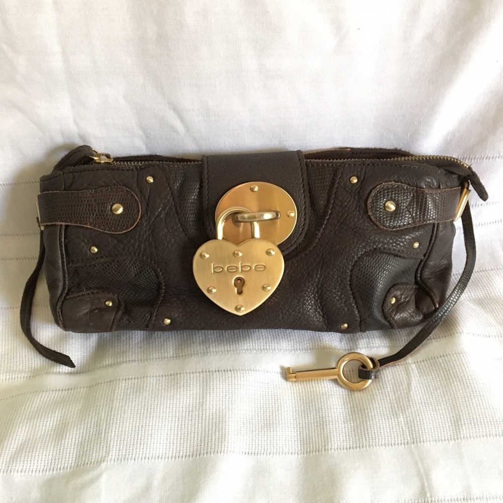 Bebe Brown Heart Lock/Key Clutch