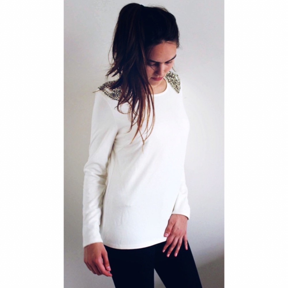 White Rhinestone Long Sleeve Top