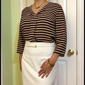 3/4 Sleeve Navy and Tan Striped Cremieux Blouse