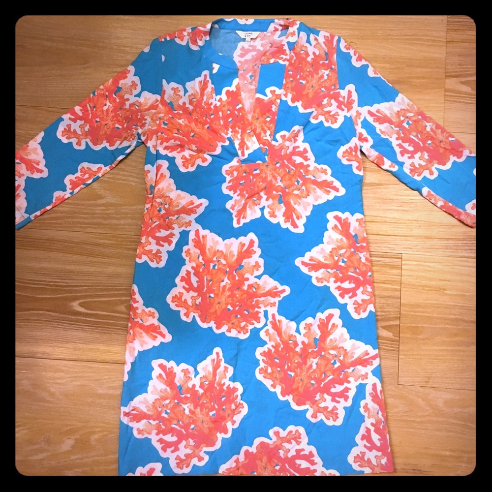 CROWN & IVY: blue dress with pink corals designs.