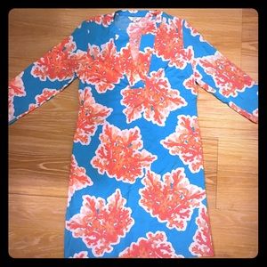 CROWN & IVY: blue dress with pink corals designs.