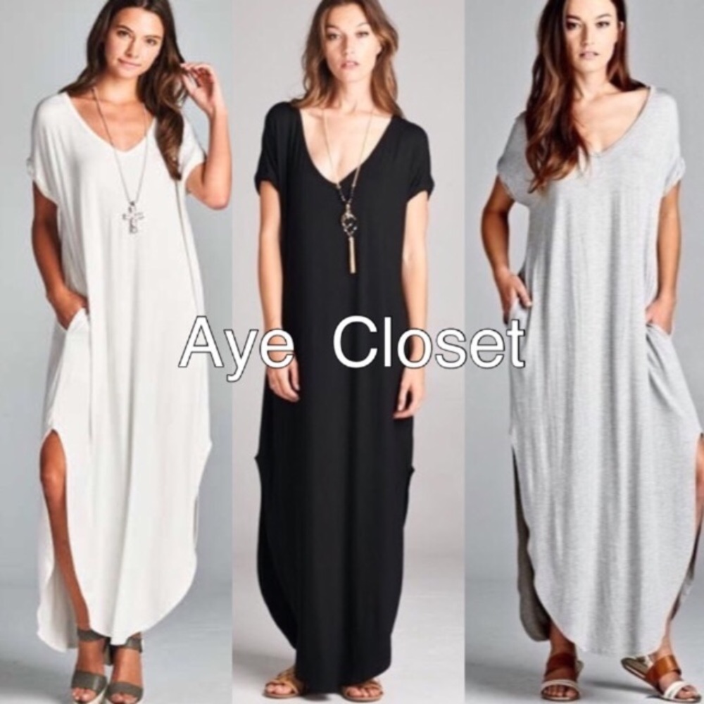 BLACK Oversized loose maxi dress slit pockets Boho - Picture 5 of 8