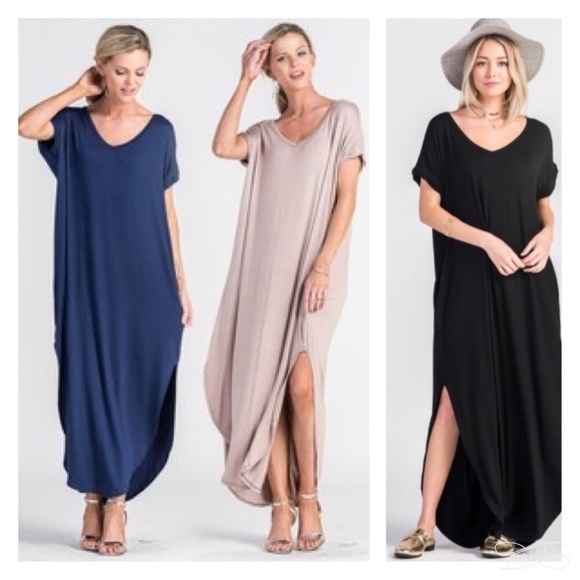 BLACK Oversized loose maxi dress slit pockets Boho - Picture 4 of 8