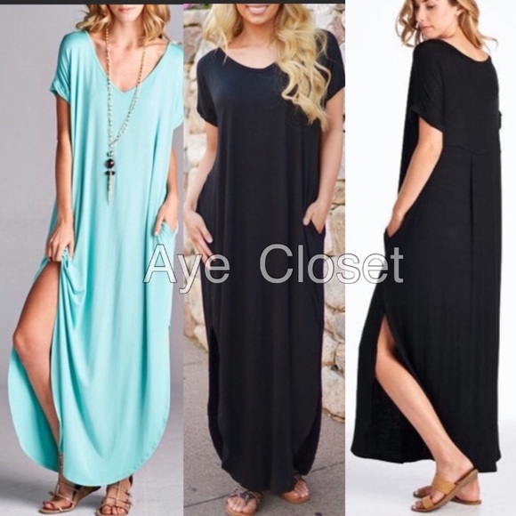 BLACK Oversized loose maxi dress slit pockets Boho - Picture 3 of 8