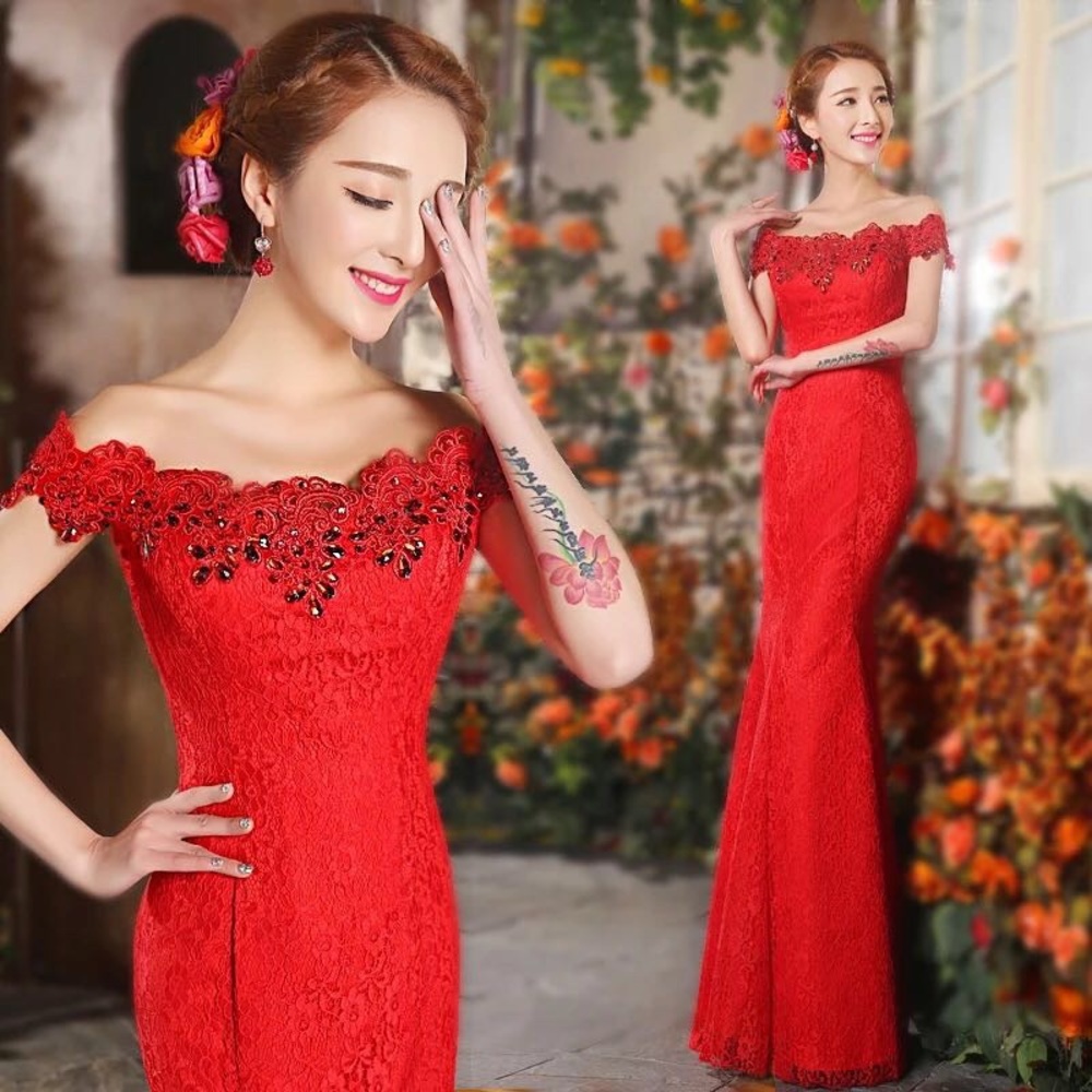 Beautiful Red Lace Evening Bridal Dress