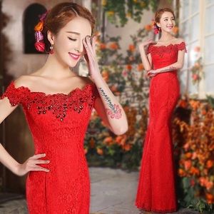 Beautiful Red Lace Evening Bridal Dress