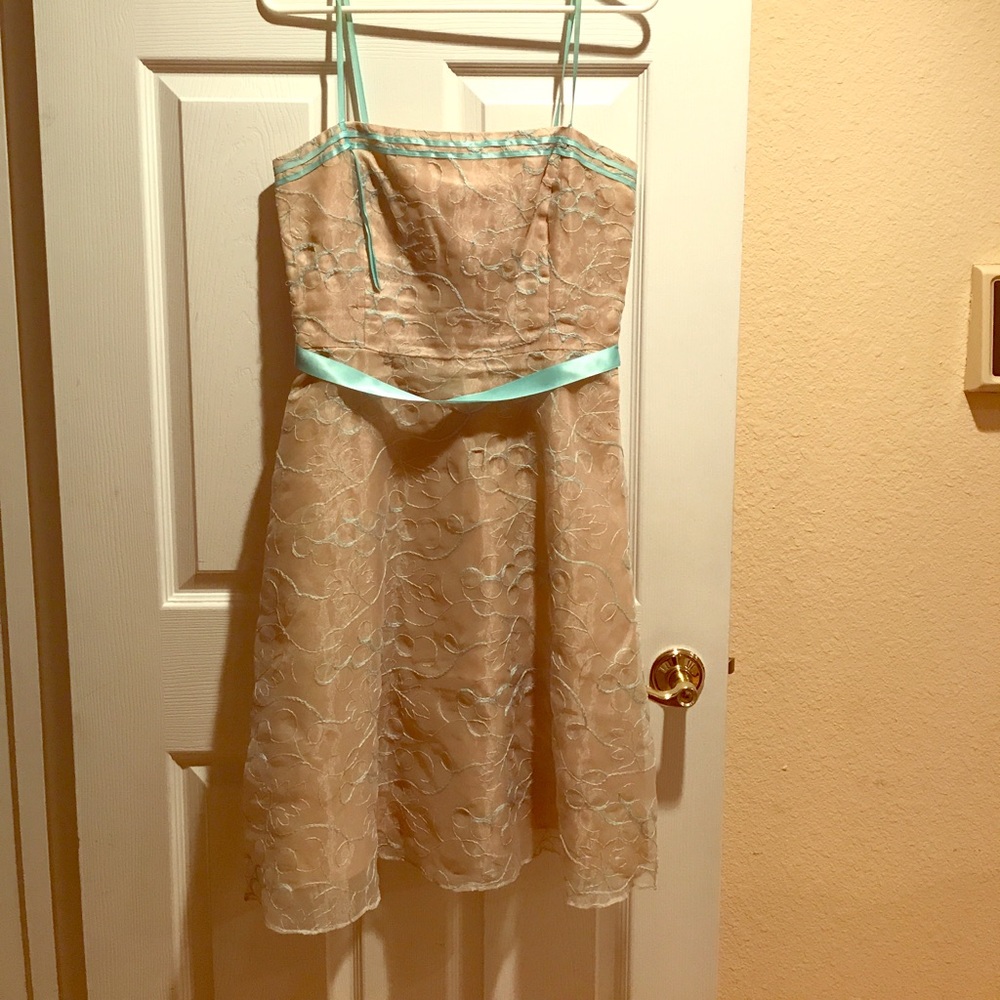 Formal chiffon dress with teal accents