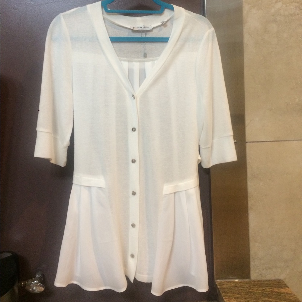 Patrizia Luca White Cardigan w Chiffon Trim/Back