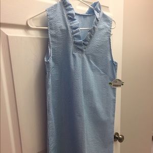 Blue seersucker shift dress