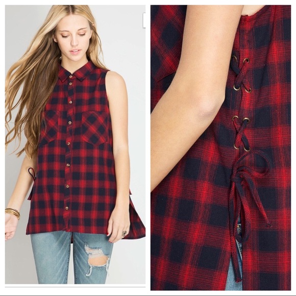 Sleeveless plaid button down with lace up sides - Picture 8 of 8