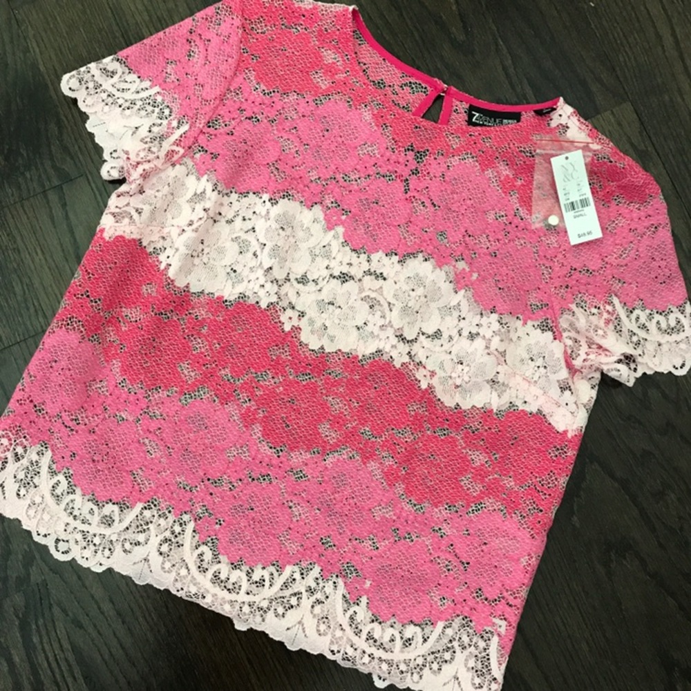 NY&Co Pink Colorblock Lace Blouse Short Sleeve Top