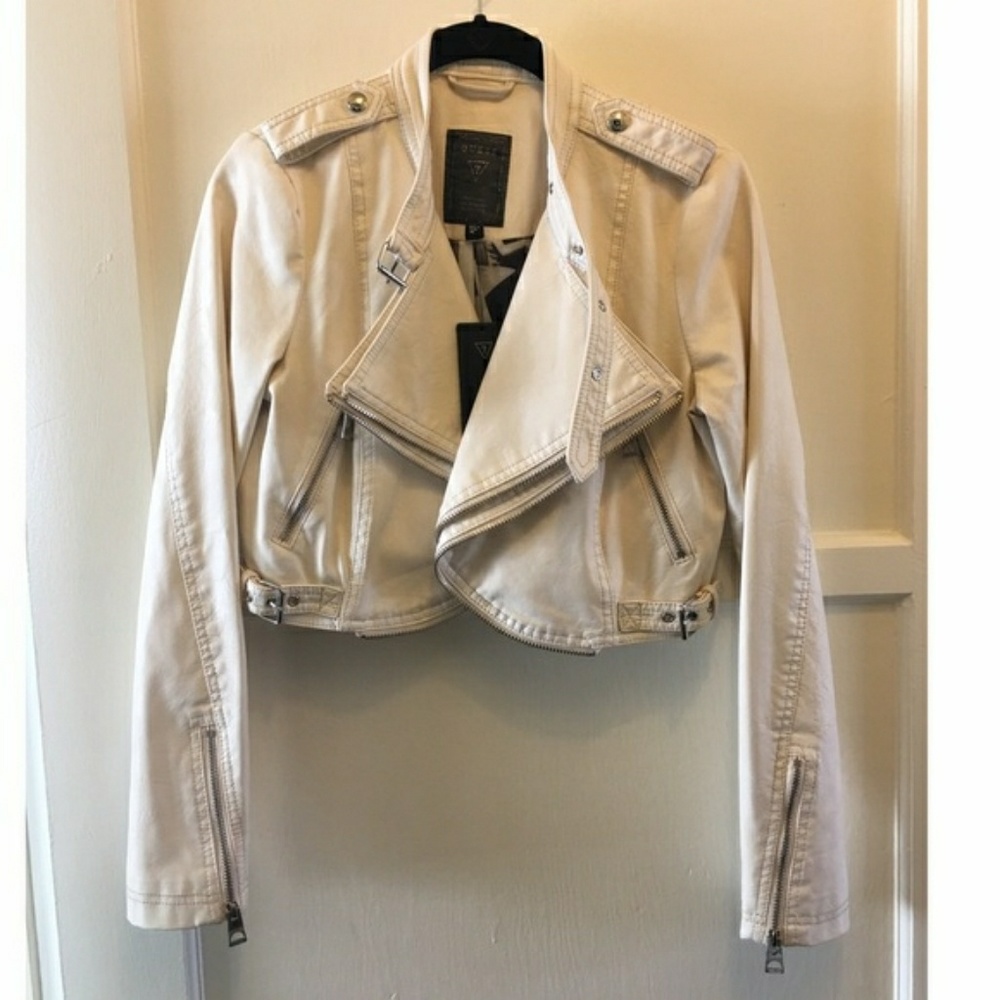 Guess Cropped Leather Moto Jacket - Off White