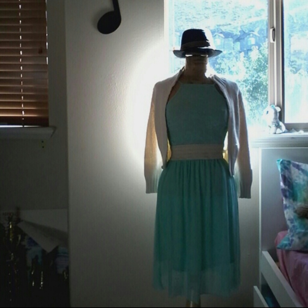 Fancy blue dress with white jacket