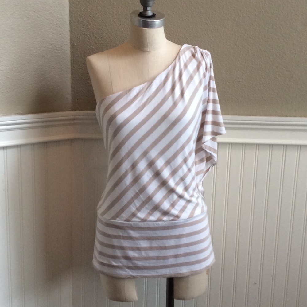 White/tan Striped One Shoulder Batwing Top