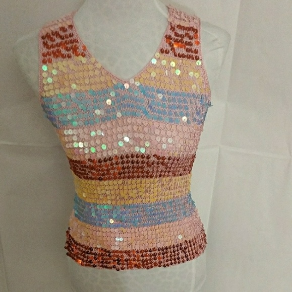 Tops - Rainbow sequined silk crocheted top