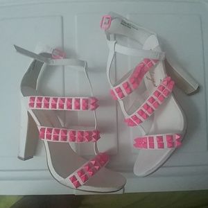 Priviledged white and neon pink studded heels