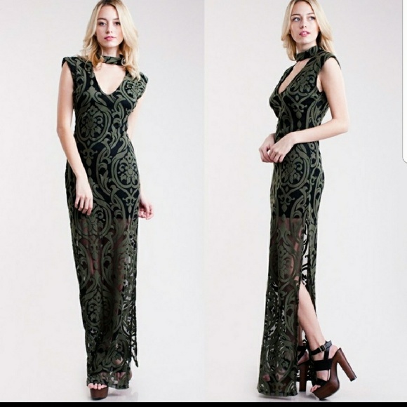 1 LEFT! (S)🍸Stunning! olive/blk sheer choker dress - Picture 2 of 9