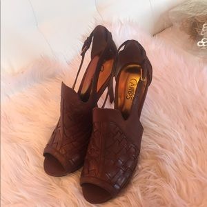 Brown leather open toe heels