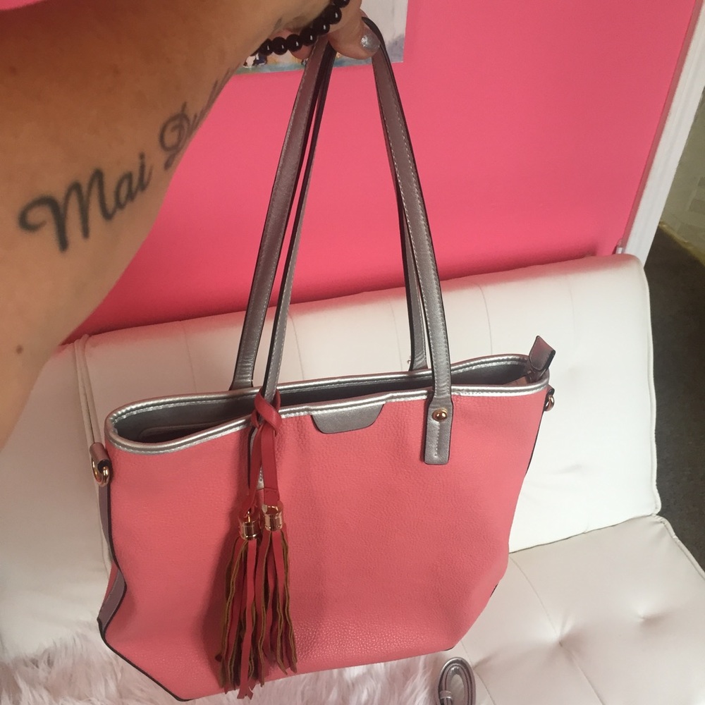 Coral and silver handbag / tote
