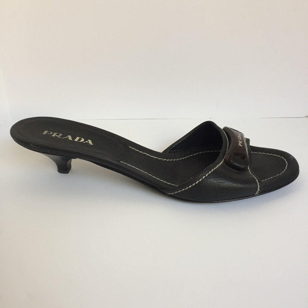 Prada Black Leather Kitten Heel Slides