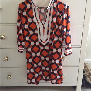 Navy, orange, and white printed tunic dress!