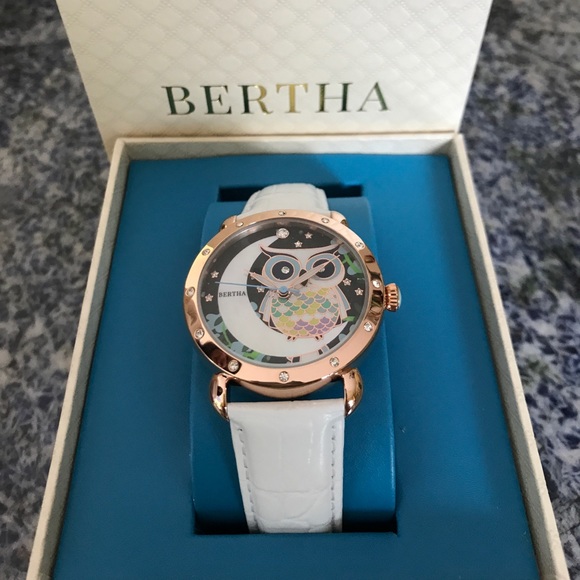 Bertha Ashley Owl MOP Dial White Leather Women BRAND NEW Bertha white leather watch with owl face