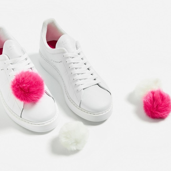 Zara white leather sneakers with pom pots - Picture 2 of 4