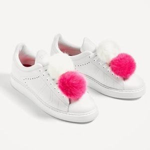 Zara white leather sneakers with pom pots