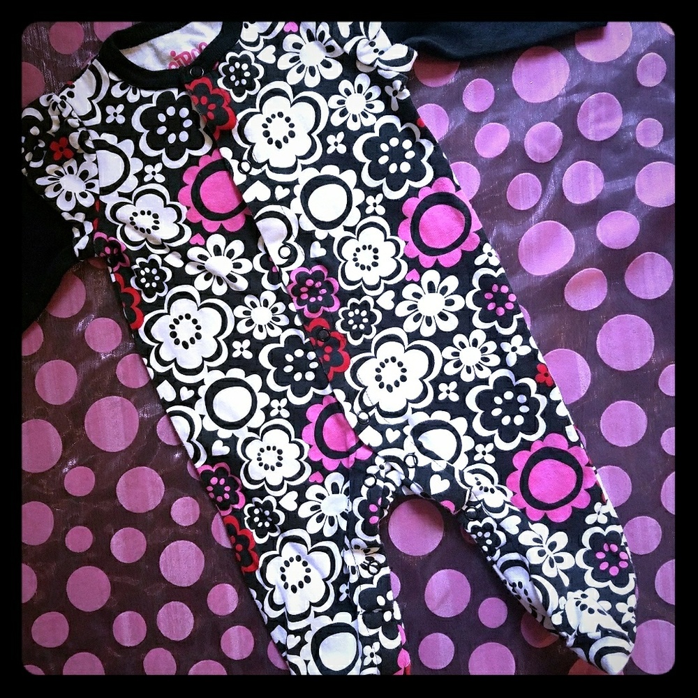 6 Month Footed Onesie Black/White/Pink Flowers