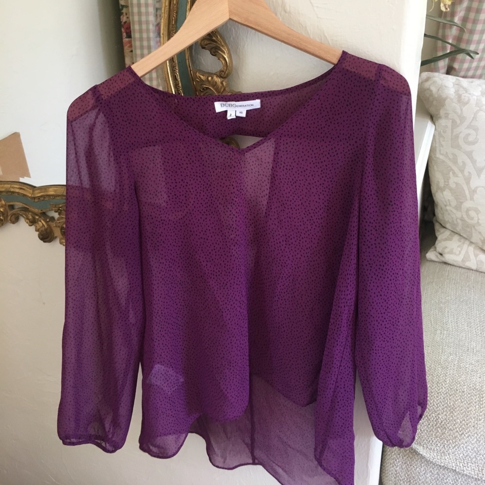 bcbg purple black polka dot sheer blouse