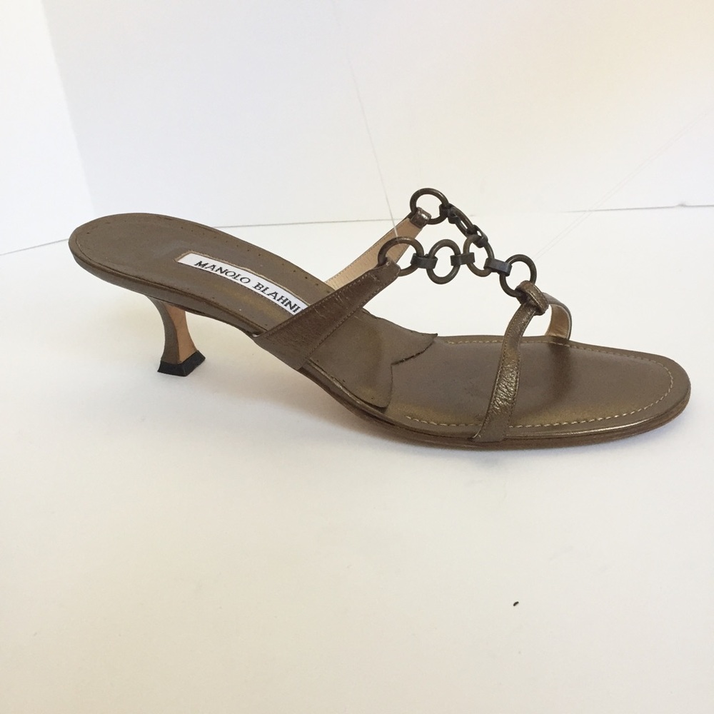Manolo Blahnik Metallic Kitten Heel Sandal