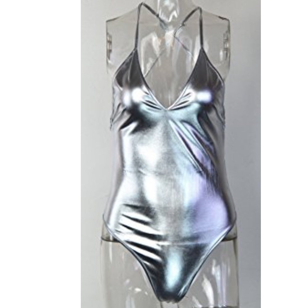 Silver metallic one piece body suit