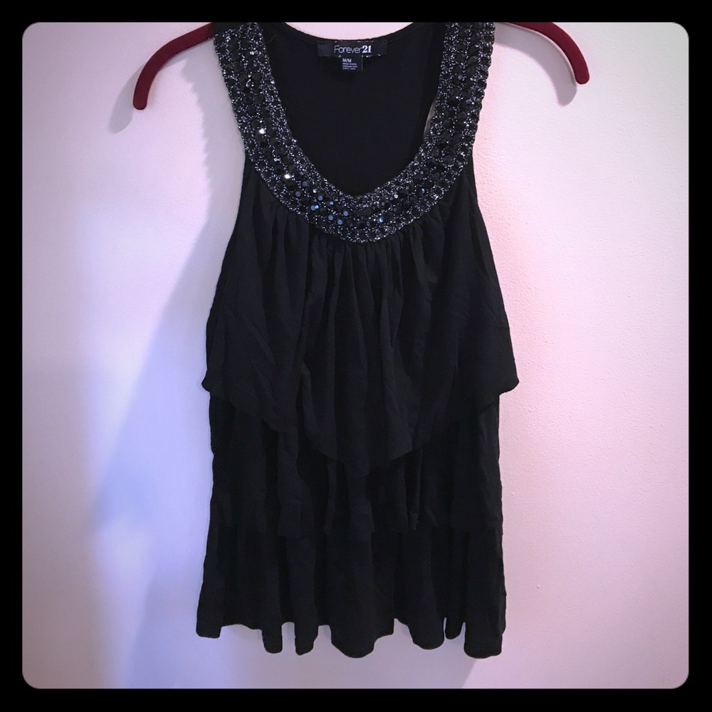 Forever 21 Black shirt with ruffles&Beaded accents