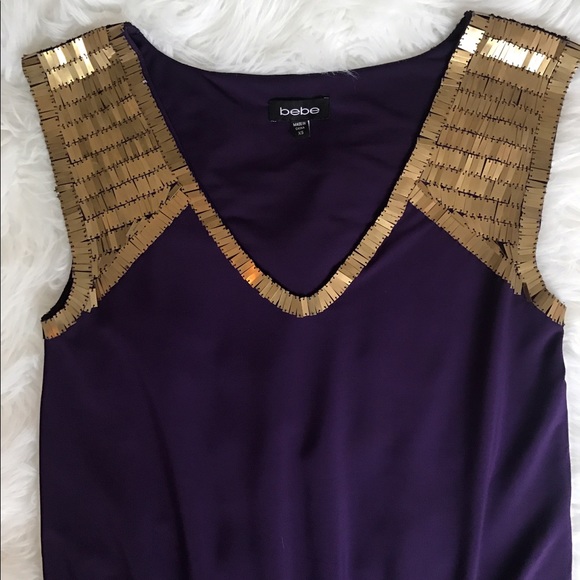 BEBE blackberry color dress with gold sequence - Picture 2 of 3