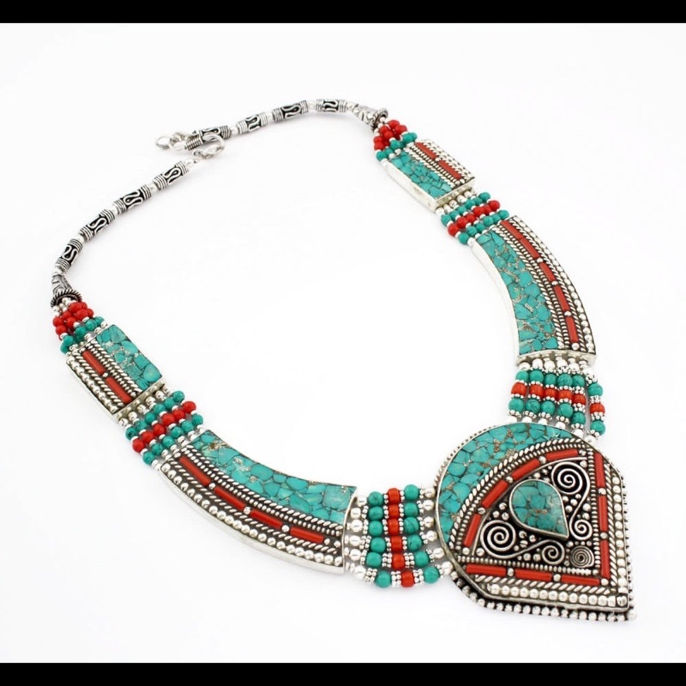 Tibetan Silver Coral Lapis Turquoise necklace