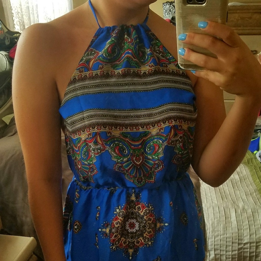 Missguided Blue Paisley Satin Halterneck Dress