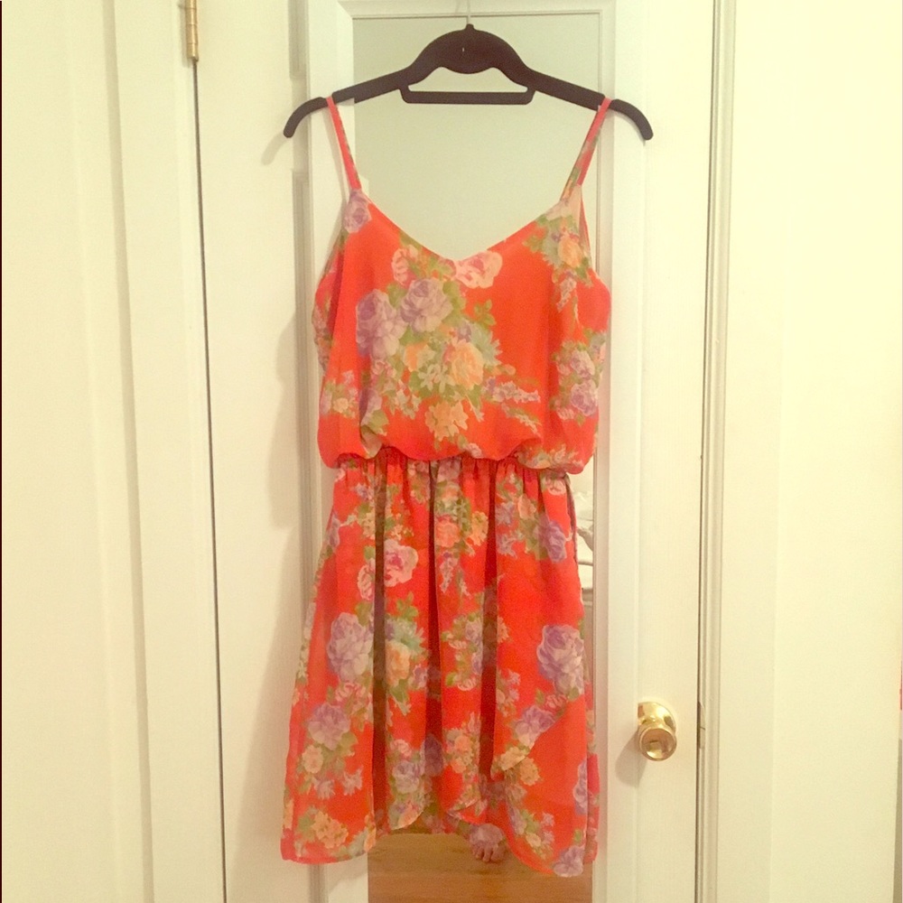 Orange Floral Sundress. Side tie detail.