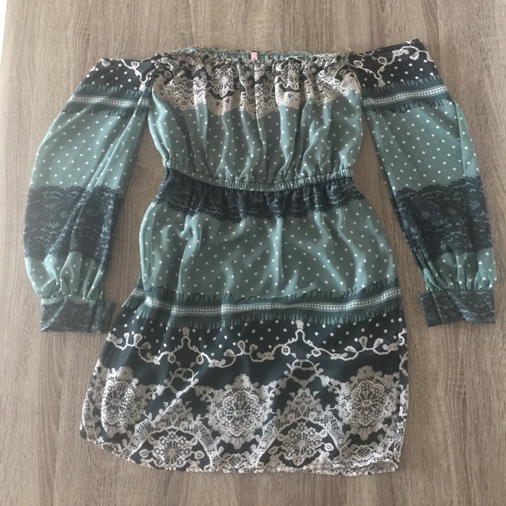 Green print off the shoulder dress