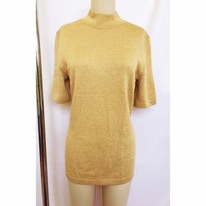 St. John Metallic Gold Mock Turtleneck Top