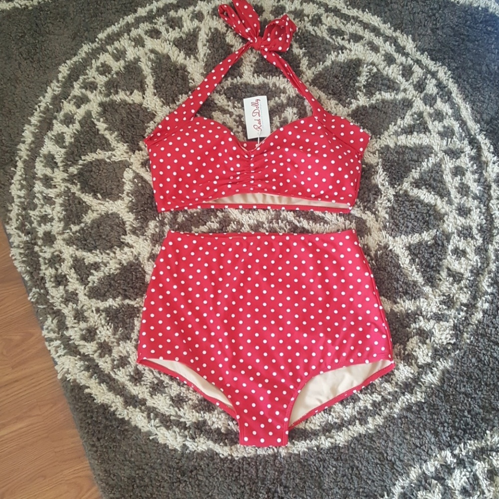 Red polka dot high-waisted bikini set