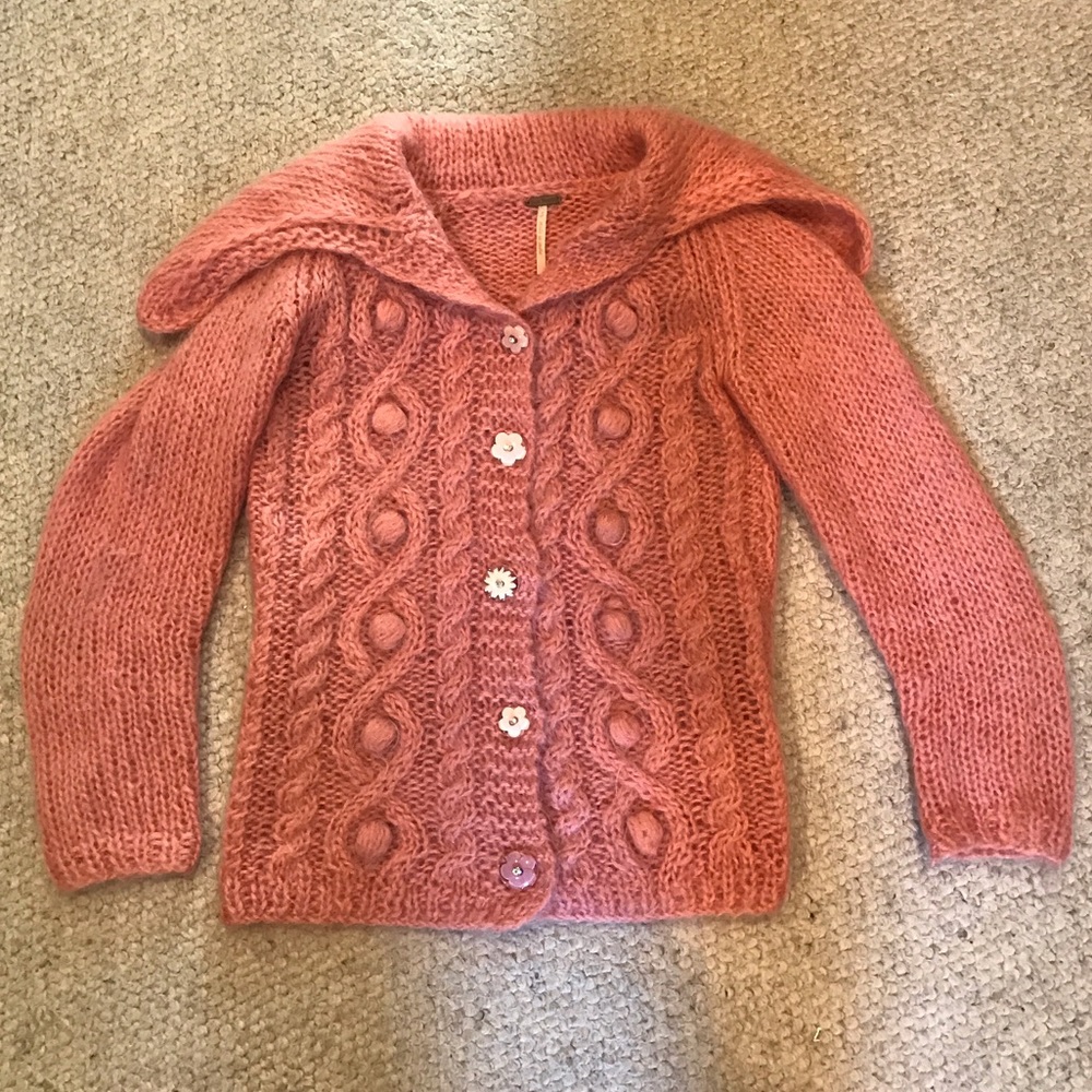 Free People Pink Mohair Cardigan w/ Flower Buttons