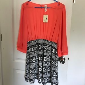 Aztec Print Chiffon Dress coral/black