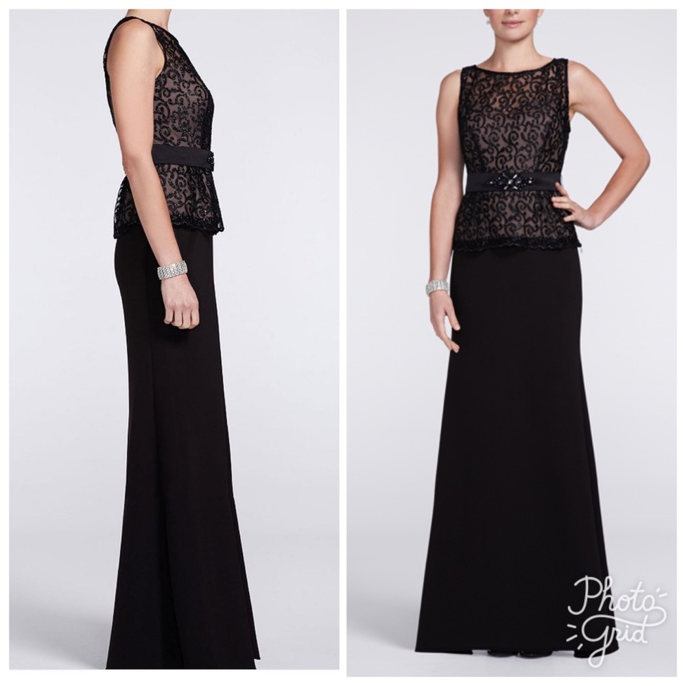 Davids Bridal Scroll Lace Peplum Long Aline Dress